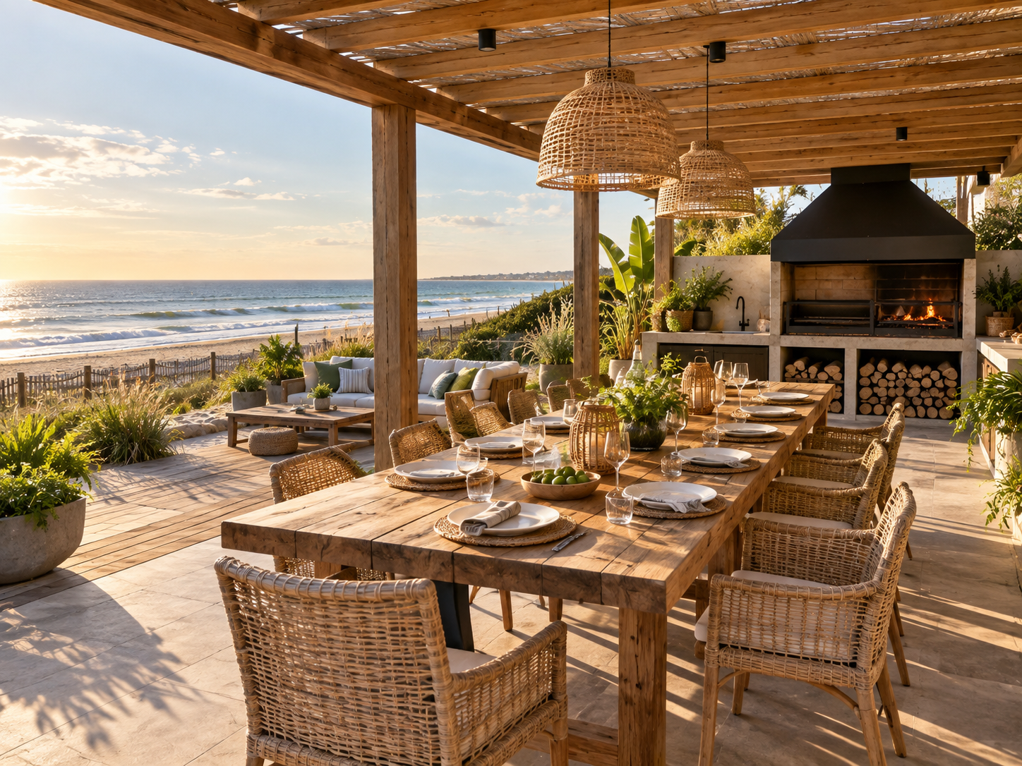 Quincho frente al mar con parrilla y mesa bajo una pérgola de madera